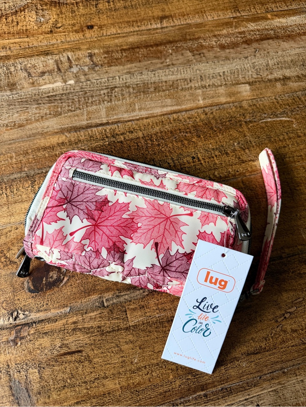 NWT Lug zip around wallet wristlet RFID protection charm bar leaf theme